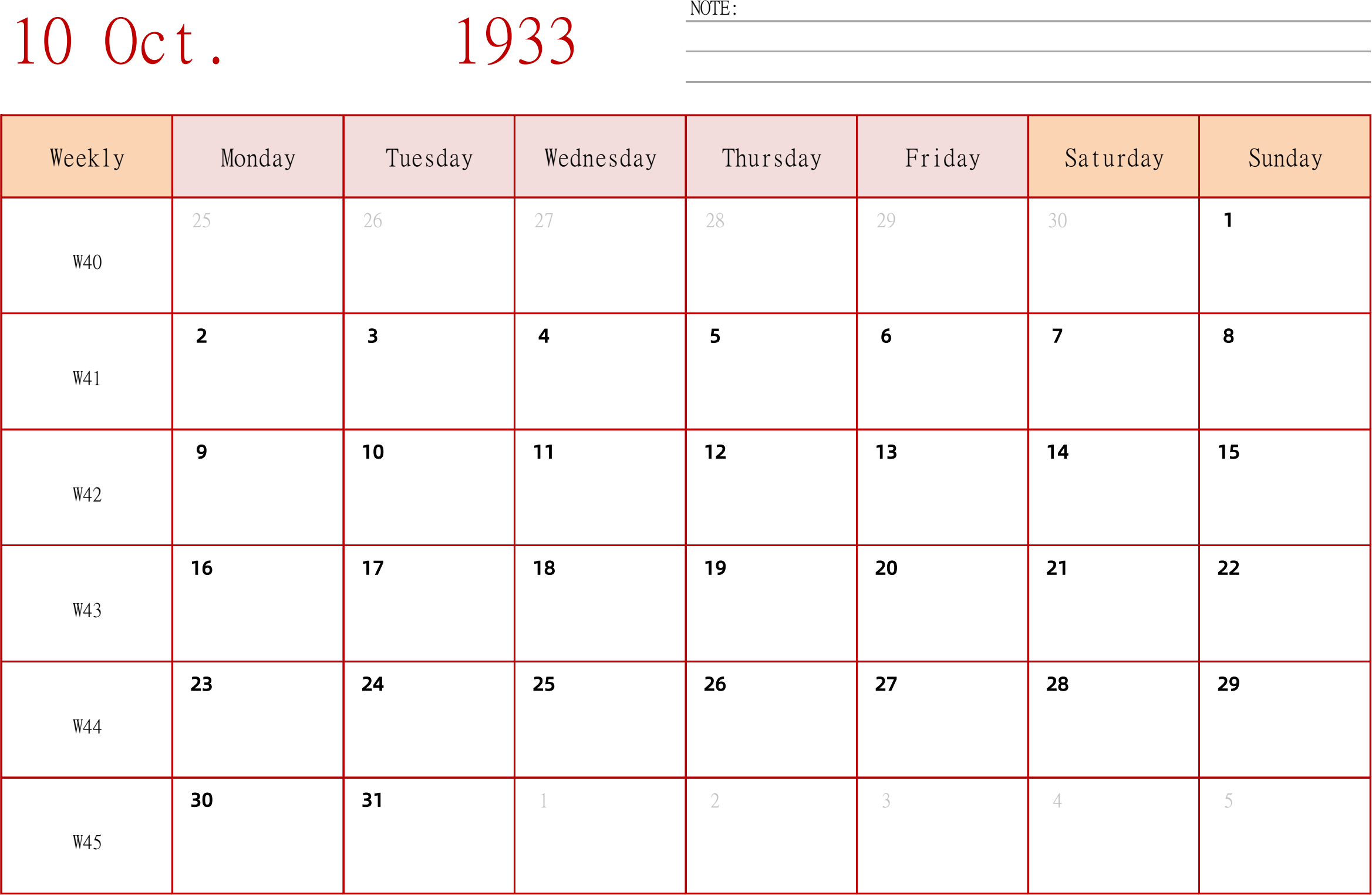 日历表1933年日历 英文版 横向排版 周一开始 带周数